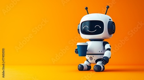 A cute smiling white robot with black eyes holding coffee cup, standing on orange background. AI technology concept