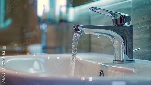 A close-up of a high-quality mixer tap in a bathroom, showcasing the sleek design and water flow, inspired by modern elegance