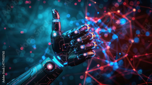 An illustrative image of a future-oriented robotic hand posed against a complex network backdrop