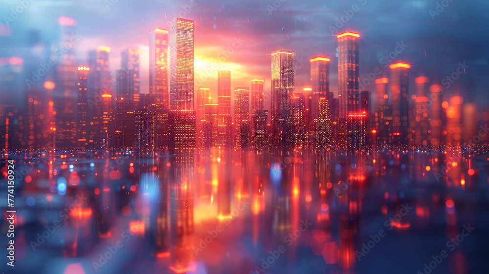 Fototapeta premium Twilight Glow on Futuristic Cityscape. Dusk descends on a city of light, where digital dreams meet architectural ambition under a twilight sky.