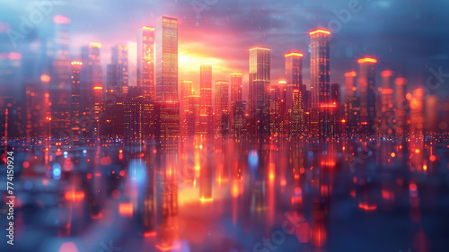 Twilight Glow on Futuristic Cityscape. Dusk descends on a city of light, where digital dreams meet architectural ambition under a twilight sky.