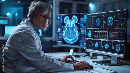 Focused Researcher Analyzing Advanced Medical Imagery. An experienced scientist engages in medical research, scrutinizing cutting-edge brain imagery on a high-tech digital workstation.