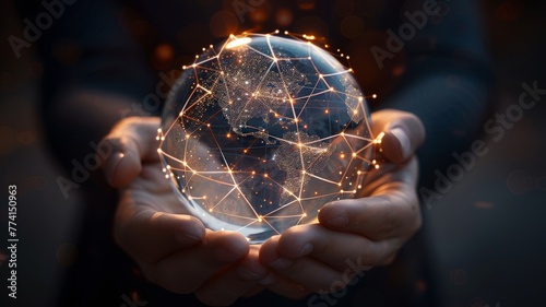 Cradling the Spark of Global Connection. Hands gently holding a transparent glob. The beauty of our interconnected world, illuminated from within by the spark of human ingenuity and interaction. photo