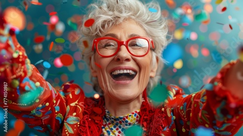 Ecstatic Senior Woman with Confetti in Festive Attire. Elderly woman in red, laughing with arms up, amidst a burst of confetti, conveying contagious excitement.