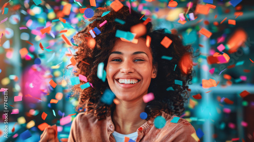 Vibrant Joy: Woman Celebrating with Colorful Confetti. Radiant woman with natural curly hair, beaming smile, and festive confetti around her.