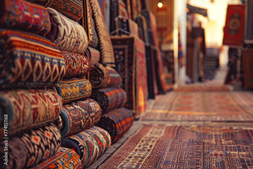 Stacked Persian rugs in a variety of patterns