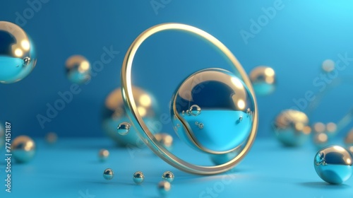 This is a 3D render of blue futuristic background, with floating balls, levitating objects, a flying sphere, and a golden ring. Premium design. Equilibrium, balancing metaphor.
