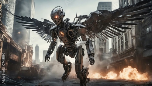  half angel half robot with flesh falling off showing robot underneath, A biomechanical angel