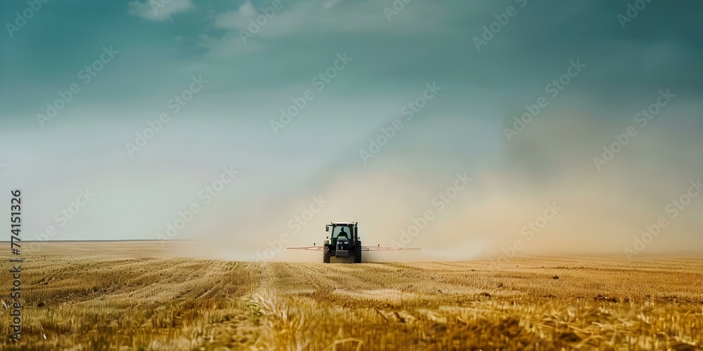Fototapeta premium A tractor in a field demonstrates modern farming techniques by spraying pesticides or cultivating to improve crop yield. Concept Agricultural Technology, Modern Farming Methods, Crop Management