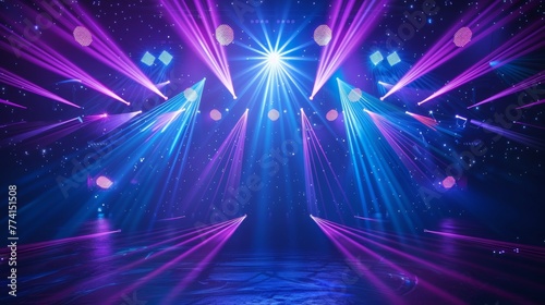 This is an abstract rendering of disco lights with shining star rays with lens flare effects and glowing neon lights over a black background.