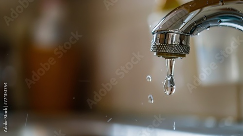 Macro shot of a dripping tap, water droplets in mid-air, illustrating the critical problem of water waste in a domestic setting