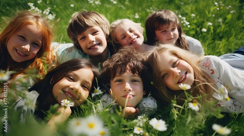 A group of happy children lying in the grass and smiling