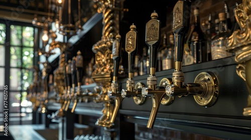 Luxurious tap room with vintage-inspired hanging shelves, close-up on the intricate details of the shelf rack, blending tradition with luxury