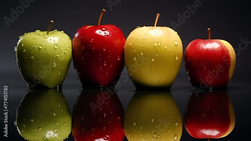 A row of four apples with water droplets on their skins photo