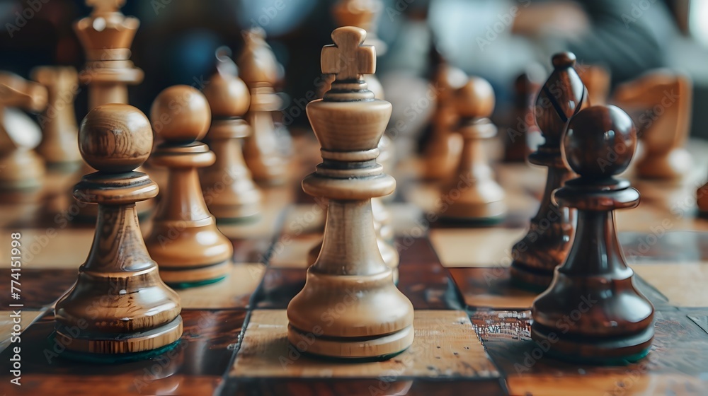 Fototapeta premium Chess Board Pieces Strategizing Next Big Business Move Underlining Importance of Foresight and Planning
