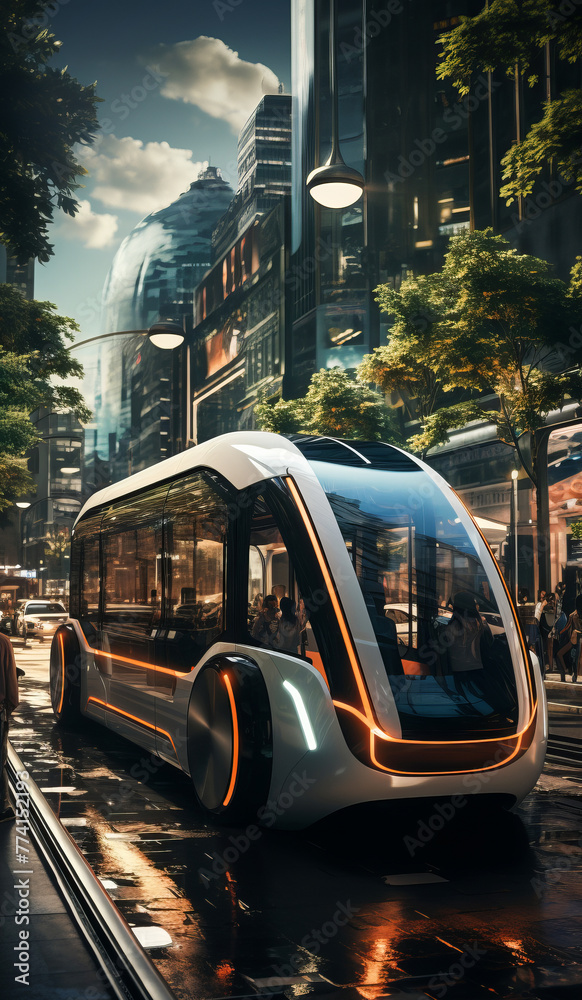 Future of public transportation: Electric vehicles on futuristic cityscape background.