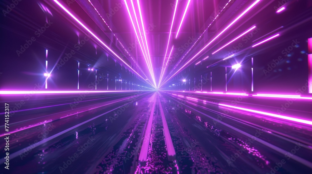3D rendering of neon neon tunnel with neon rays, glowing lines, cyber network, speed of light, night lights on highways, space and time strings.