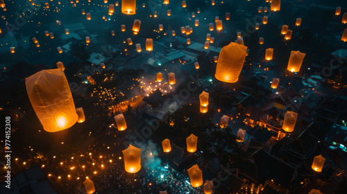 floating sky lanterns , photograph of glowing white paper Chinese style lamp into the night sky at Chiang Mai Flower Festival to xen mon Songkran festival photo
