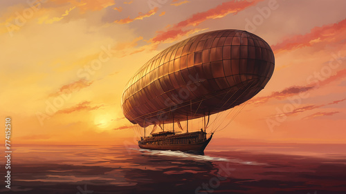 the balloon is flying against the background of the sunset sky landscape travel freedom adventure oil paints.