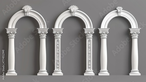 This is a realistic 3D modern illustration set of greek stone pillars of temple building doors or windows. Antique classic architecture archway made of white clay with decorative ornaments.