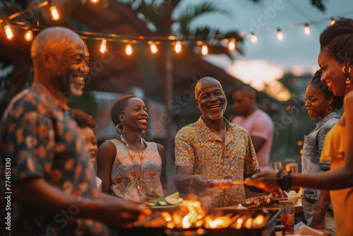 Family and friends gather, laughing at a Juneteenth barbecue celebration photo