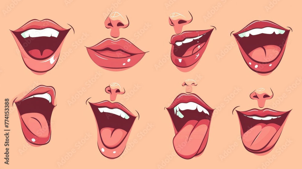 The mouth animation kit for a woman. Cartoon modern illustration of young female character with various positions of her lips and tongue during talking and pronouncing the English alphabet. The mouth animation kit for a woman. Cartoon modern illustration of young female character with various positions of her lips and tongue during talking and pronouncing the English alphabet.