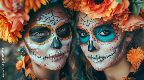 Two women with face paintings celebrating Day of the Dead, holding orange flowers and wearing black They pose for a photo together at an event with other people decorated to celebrate Mexican culture.