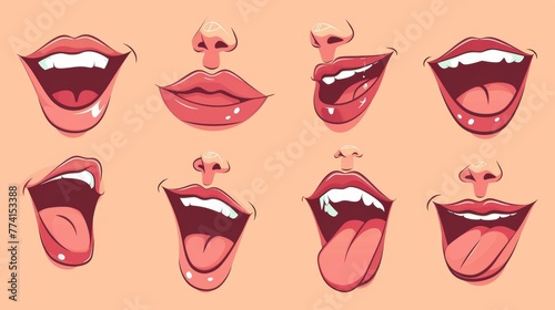 The mouth animation kit for a woman. Cartoon modern illustration of young female character with various positions of her lips and tongue during talking and pronouncing the English alphabet.