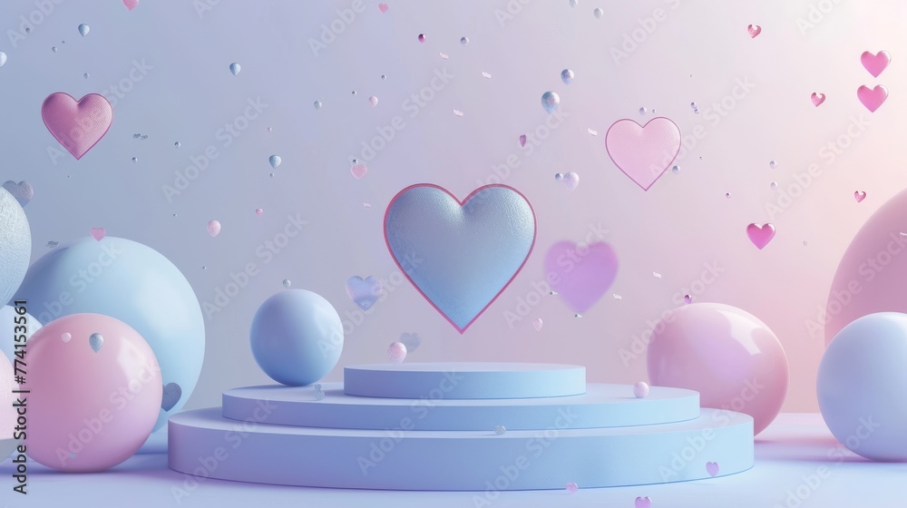 Realistic modern empty minimal goods display platform template with blue heart-shaped floating symbols of love and romance on pastel holographic gradient background. Realistic modern empty minimal goods display platform template with blue heart-shaped floating symbols of love and romance on pastel holographic gradient background.