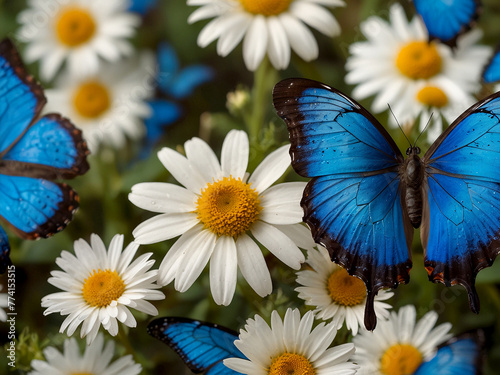 Vibrant Blue Tropical Morpho Butterflies and Delicate Daisy Flowers: Stunning Oil Paint Art © Badsha