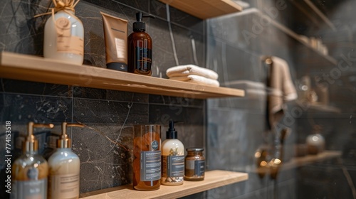 Elegant, unique bathroom shelves in a shower, captured up-close, showcasing inspired shelving solutions that combine style and practicality