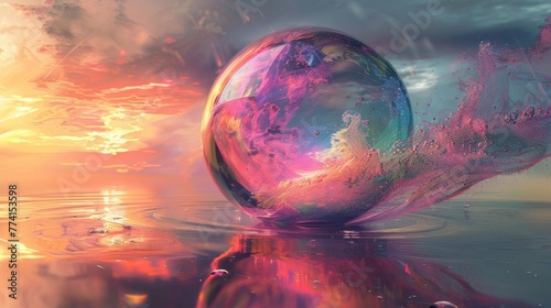 A visually striking bubble encapsulating a whirlwind of bright, abstract colors, pops against a muted, monochromatic backdrop, representing the burst of creative ideas