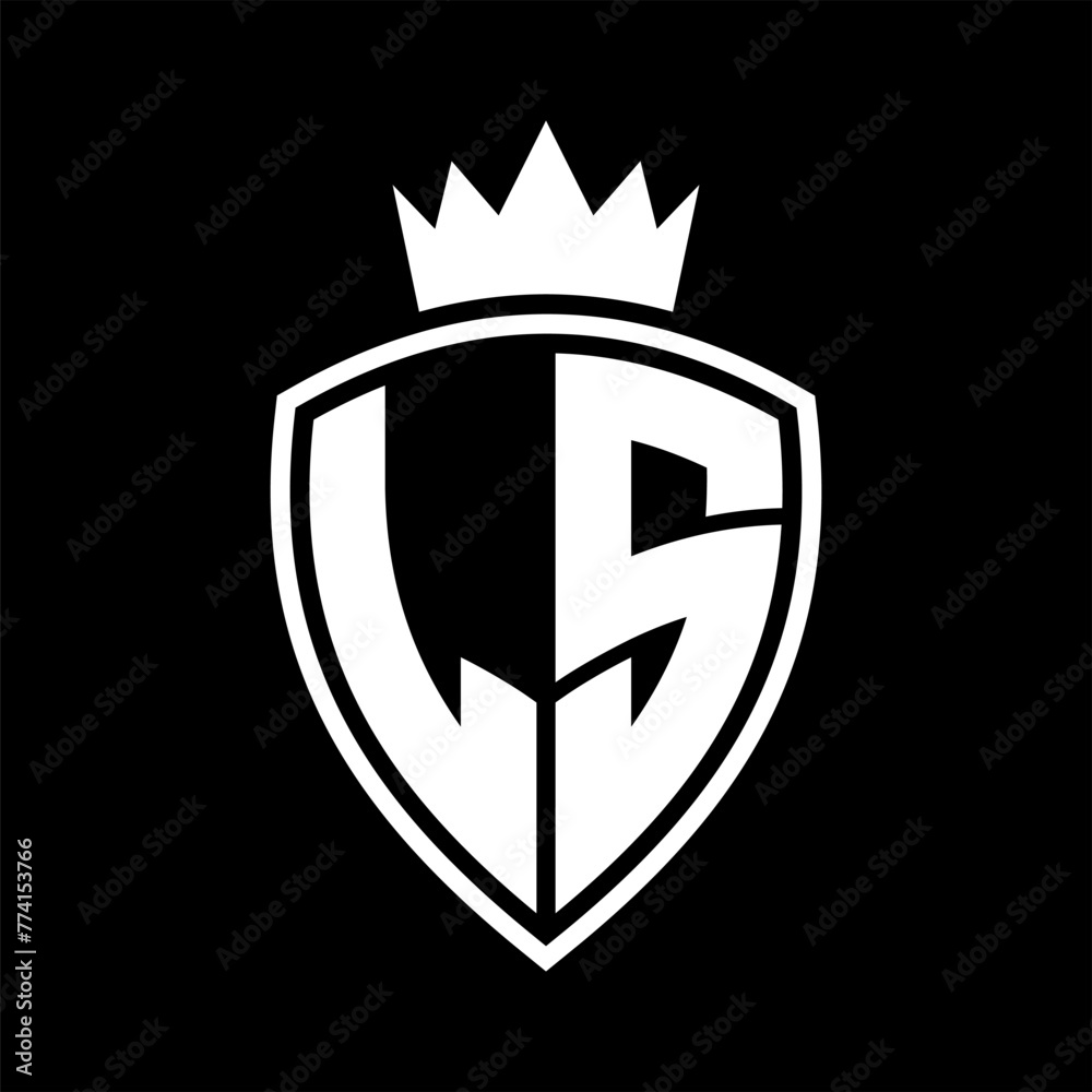 LS Letter monogram shield and crown outline shape with black and white color design LS Letter monogram shield and crown outline shape with black and white color design