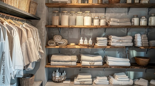 Elegant and luxurious shelf ideas in a laundry shop, with a close-up on unique hanging shelves and racks that inspire cleanliness and order