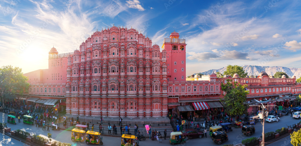 Hawa Mahal palace, full view panorama of the City Palace Complex, Jaipur, Rajasthan, India