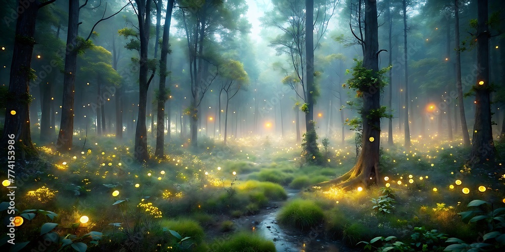 Enchanted Forest Clearing: Glowing Fireflies and Ethereal Mist