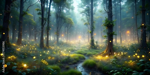 Enchanted Forest Clearing  Glowing Fireflies and Ethereal Mist