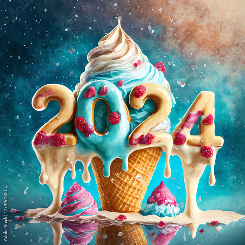 Number 2024 on Ice cream, generative AI © Bits and Splits