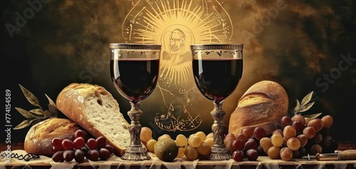 Eucharist sacrament chalice symbols bread and wine hosts artistic vintage retro style, Generative AI 