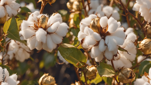 Cotton flowers on the branches. Growing cotton