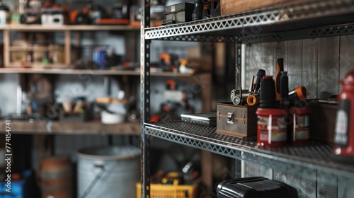 Close-up on a heavy-duty metal shelf rack  showcasing inspired shelving ideas for organizing tools in a garage or workshop