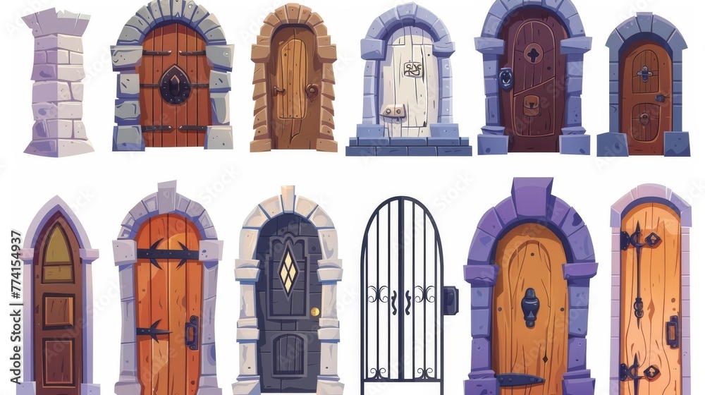 Isolated medieval wooden doors set isolated on white background. Modern illustration of historical building design elements, stone porch, arch doorway with locked gate, iron doorknob, old - obrazy, fototapety, plakaty 