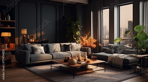 modern living room. sunshine passing through the window. 