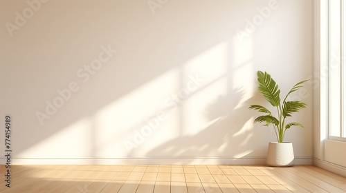 empty room with a plant. vase on floor. light pink wall in the background. 