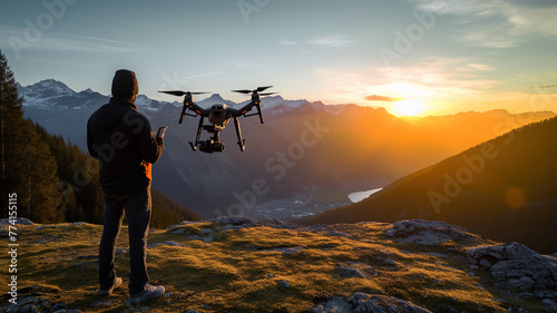 Person on the top of the mountain with drone