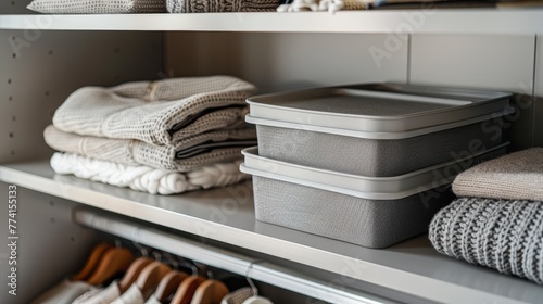 Close-up of inspired closet shelf organizer bins with lids, showcasing smart storage solutions and creative shelf ideas in a home setting