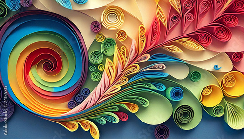 Multi colored quilling paper lying on colorful paper. Arts and Crafts Supplies, Ai generated image photo