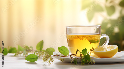 White cup coffee and sunny trees background,A glass cup with fragrant green tea and leaves on a round stand. 