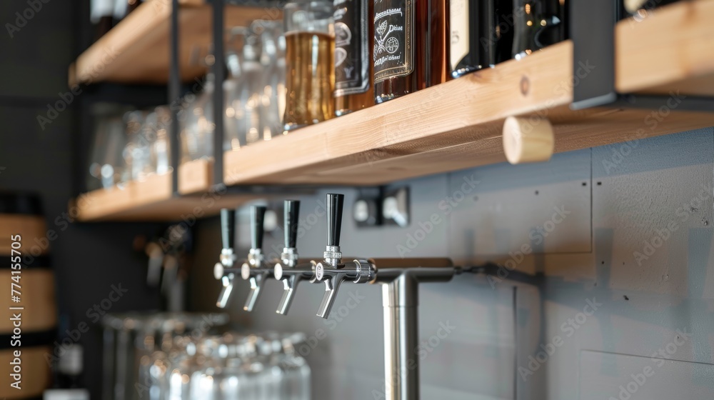 A minimalist tap room featuring close-up of sleek hanging shelves, showcasing inspired and functional shelf rack ideas