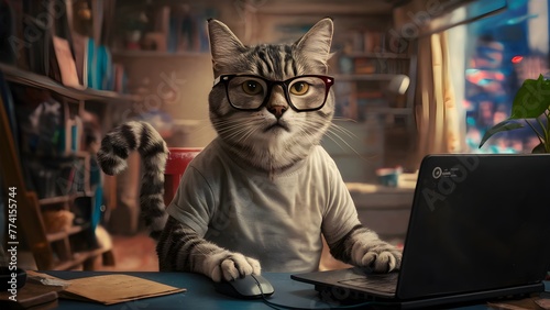 Cat working on laptop, work from home, cute anthropomorphic character freelancer developer